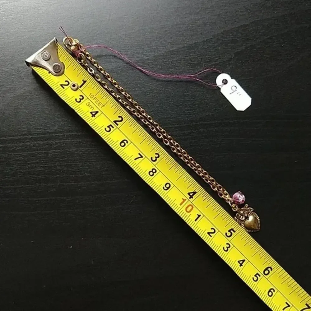 Anklet, Gold Heart Flower + Glass Bead 9" old new stock fashion jewelry - Picture 5 of 5